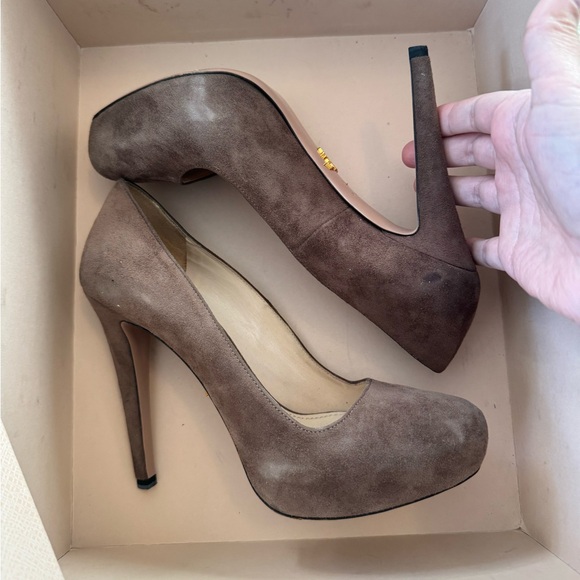 Prada Taupe Suede Platform Pumps Sz 36.5 - Picture 2 of 7